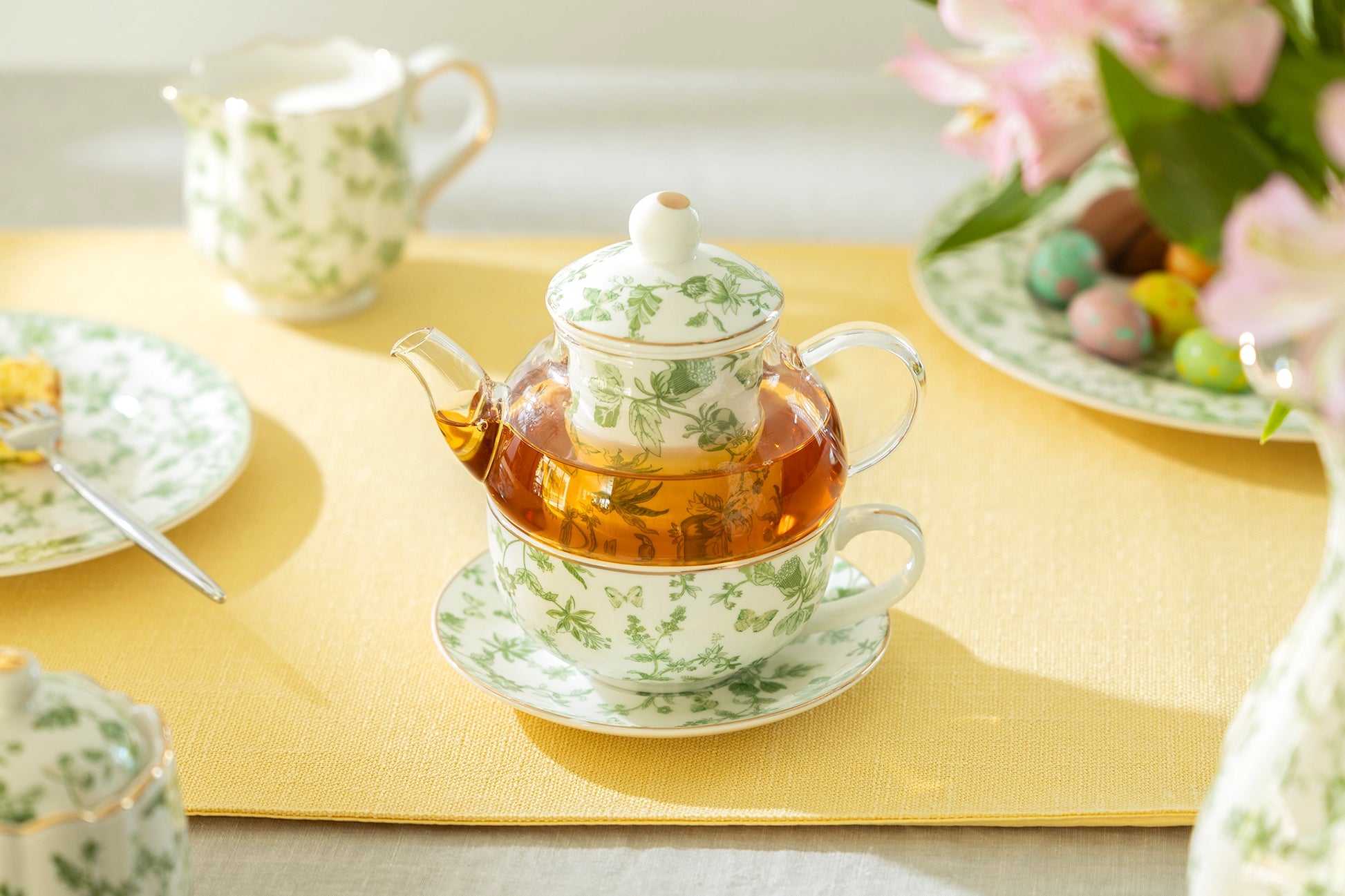 Greeny Garden Glass and Fine Porcelain Tea For One Set