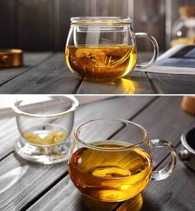 Clear Glass Tea Cup with Infuser and Lid, Borosilicate Large